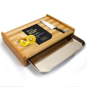 Bmado Bamboo Cutting Board with Stainless Steel Tray – (Medium) Bmado Bamboo Cutting Board with Stainless Steel Tray – (Medium) Wooden Chopping Board with Pull-Out Sliding Drawer Container (33 x 23 x 6 cm) for Kitchen & Food Prep