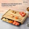 Bmado Bamboo Cutting Board with Stainless Steel Tray – (Medium) Wooden Chopping Board with Pull-Out Sliding Drawer Container (33 x 23 x 6 cm) for Kitchen & Food Prep