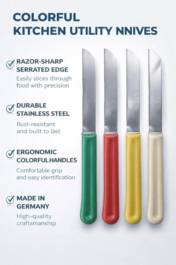 Colorful Kitchen Utility Knife Set, Stainless Steel Serrated Blades, Ergonomic Handles, Made in Germany, 12 Piece