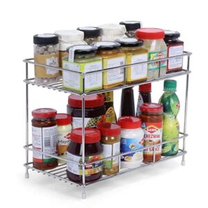 Cri8Hub Premium Stainless Steel Floor Mount Kitchen Rack, Floor Mount Kitchen Organizer And Space Saver, Counter Top Stand 2-Tiered Shelf Trolley Basket For Boxes Utensils Dishes Plates - For Home