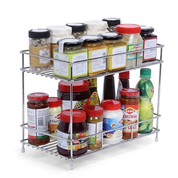 Cri8Hub Premium Stainless Steel Floor Mount Kitchen Rack, Floor Mount Kitchen Organizer And Space Saver, Counter Top Stand 2-Tiered Shelf Trolley Basket For Boxes Utensils Dishes Plates - For Home