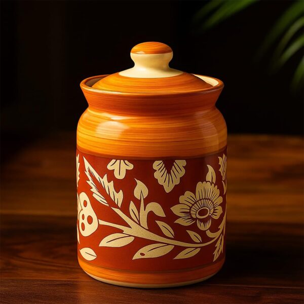 D'Maiolica Traditional Ceramic Pickle Jars with Lid in 1000ml | D'Maiolica Traditional Ceramic Pickle Jars with Lid in 1000ml | Achaar Barni for Kitchen | Ceramic Container for Achar, Salt, Spices (Set of 1) (Full Yellow Red Floral)