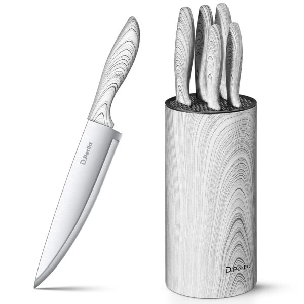 D.Perlla Knife Set, 6-Piece Kitchen Knife Set with Detachable Round D.Perlla Knife Set, 6-Piece Kitchen Knife Set with Detachable Round Vertical Knife Cylinder, Marble Style Handle Knife Set, Modern and Stylish for Easy Cleaning and