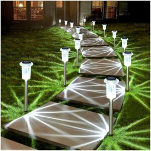 DenicMic Solar Lights Outdoor 15 Pack Waterproof 6000K Cold White LED Stainless Steel Stake Outside Lights for Yard Pathway Garden Driveway Walkway Landscape Path Lighting