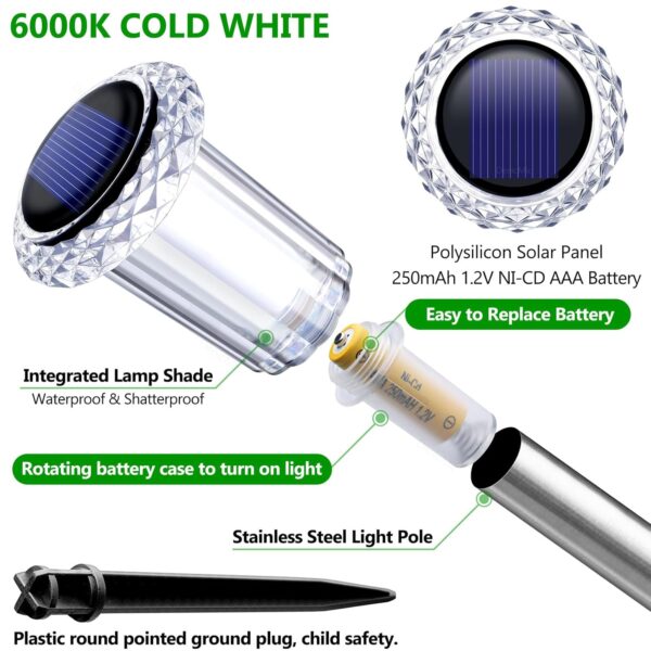 DenicMic Solar Lights Outdoor 15 Pack Waterproof 6000K Cold White LED Stainless Steel Stake Outside Lights for Yard Pathway Garden Driveway Walkway Landscape Path Lighting