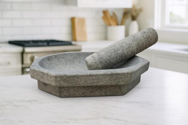 EZAHK Kalvam Stone Mortar and Pestle Set,Masher, Khalbatta, Kharal, Musal,for Kitchen, Home, Herbs and Spices (9.5 inch Grey,Big Size)
