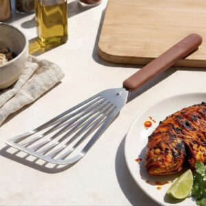 Ember Cookware Stainless Steel Turner 31 cm | Thin Slotted Ember Cookware Stainless Steel Turner 31 cm | Thin Slotted Steel Spatula for Precision Flipping | Flexible Head | Heat Resistant Silicone Handle | Oil Draining Design | Terracotta