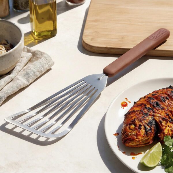 Ember Cookware Stainless Steel Turner 31 cm | Thin Slotted Steel Spatula for Precision Flipping | Flexible Head | Heat Resistant Silicone Handle | Oil Draining Design | Terracotta