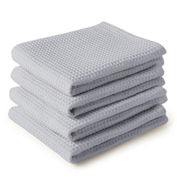 Encasa XO Kitchen Dish Towels Set | Light Grey | Waffle Weave and Flat Hand Tea Towel | 70x45 cm | Quick Drying Reusable Cotton Washcloths | Multipurpose Lightweight Dishcloths Set of 4