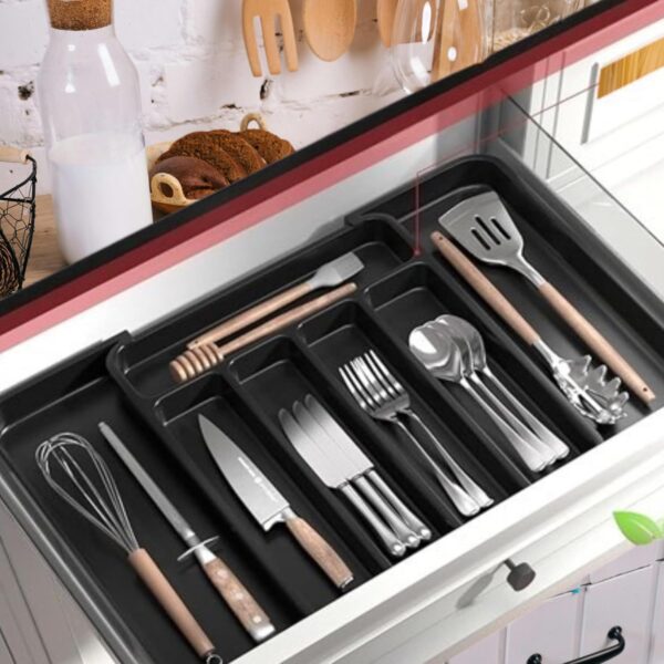 Expandable Utensil Kitchen Cabinet Tray | Flatware & Cutlery Rack | BPA Free & Size Adjustable | Storage For Spoon-Fork-Knives-Spatula Etc | Suitable For Home Kitchen Tableware & Devider