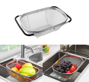 FRESHOME Stainless Steel Multipurpose Expandable Square Colander Strainer Or Washer FRESHOME Stainless Steel Multipurpose Expandable Square Colander Strainer Or Washer Bowl, Rice, Fruits, Vegetables And Grains To Filter Easily In Kitchen Bowl, 35L x 24W x 11.8H cm, Silver