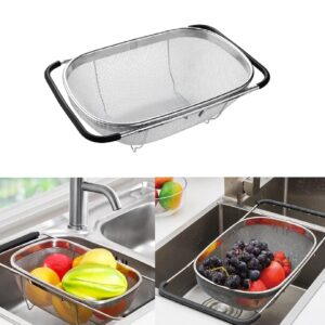FRESHOME Stainless Steel Multipurpose Expandable Square Colander Strainer Or Washer Bowl, Rice, Fruits, Vegetables And Grains To Filter Easily In Kitchen Bowl, 35L x 24W x 11.8H cm, Silver