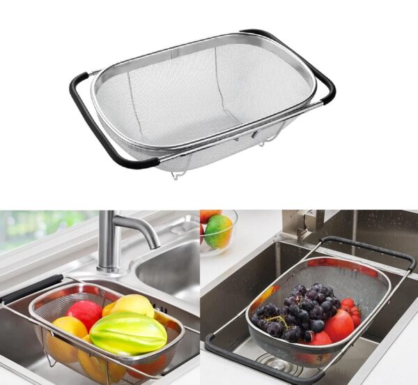 FRESHOME Stainless Steel Multipurpose Expandable Square Colander Strainer Or Washer FRESHOME Stainless Steel Multipurpose Expandable Square Colander Strainer Or Washer Bowl, Rice, Fruits, Vegetables And Grains To Filter Easily In Kitchen Bowl, 35L x 24W x 11.8H cm, Silver