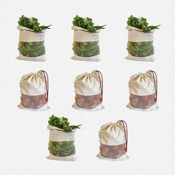 Fab Ellite Cotton Vegetable Storage Bags Fridge bag | Reusable Muslin Refrigerator Produce bag with Drawstrings (10 x 13 inch, Pack of 8) | Washable Cloth Bags for Fruits & Vegetables