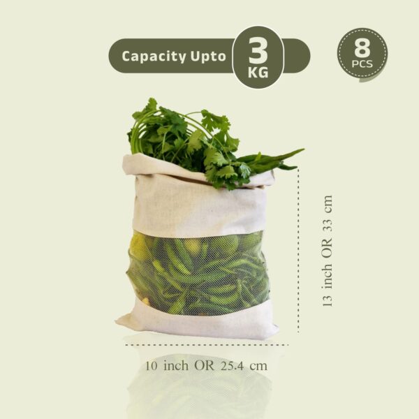 Fab Ellite Cotton Vegetable Storage Bags Fridge bag | Reusable Muslin Refrigerator Produce bag with Drawstrings (10 x 13 inch, Pack of 8) | Washable Cloth Bags for Fruits & Vegetables