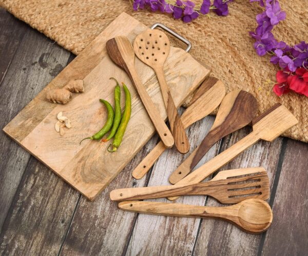 Flavoma Natural Sheesham Wood Spoon Set of 7 | Handmade Cooking Spoon Set | Wooden for Nonstick Cookware Kitchen Utensils | Kitchen Utensils, Frying Spoon Ladles & Turning Spatula, 24 Cm