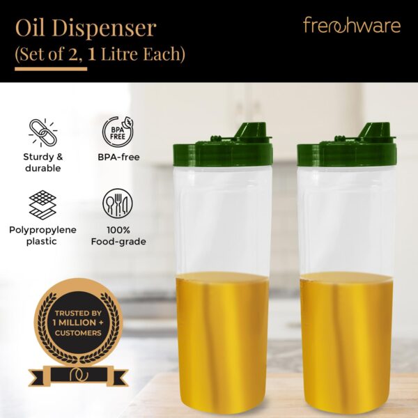 Frenchware-Oil-Dispenser-Pack-of-2-1-Litre-Each-100-Food-Grade-BPA-Free-Plastic-Ideal-for-Storing-Pouring-Liquids-Cooking-Oils-Refined-Oils-Olive-Oil-Vinegar-Soy-Sauce-Green.jpg Frenchware Oil Dispenser (Pack of 2, 1 Litre Each) 100% Food-Grade, BPA-Free Plastic, Ideal for Storing & Pouring Liquids, Cooking Oils, Refined Oils, Olive Oil, Vinegar, Soy Sauce (Green)