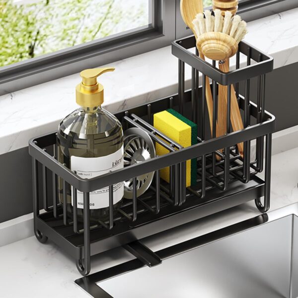HASTHIP® Metal Sponge Holder for Kitchen Sink Countertop Auto-Draining Sink Organizer Caddy with Soap Tray Sinks Organizer Caddy No-Drill Sponge Holder