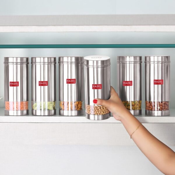 HAZEL Stainless Steel Kitchen Containers| 1 Ltr Each Transparent Kitchen HAZEL Stainless Steel Kitchen Containers| 1 Ltr Each Transparent Kitchen Container Set with Matt Finish | Multipurpose Storage Box for kitchen containers, Set of 6