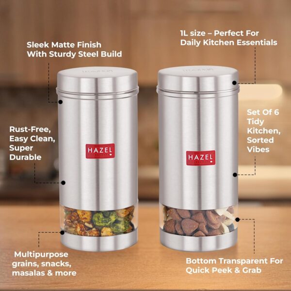 HAZEL-Stainless-Steel-Kitchen-Containers-1-Ltr-Each-Transparent-Kitchen-Container-Set-with-Matt-Finish-Multipurpose-Storage-Box-for-kitchen-containers-Set-of-6.jpg HAZEL Stainless Steel Kitchen Containers| 1 Ltr Each Transparent Kitchen Container Set with Matt Finish | Multipurpose Storage Box for kitchen containers, Set of 6