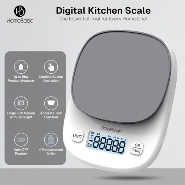HOMEBASIC-Digital-Kitchen-Weighing-Scale-5Kg-High-Precision-1g-Accuracy-LCD-Display-Tare-Function-Multi-Units-g-oz-lb-ml-Portable-Weight-Machine-Food-Scale-for-Cooking-Baking-Diet-GREY.jpg HOMEBASIC Digital Kitchen Weighing Scale 5Kg, High-Precision 1g Accuracy | LCD Display, Tare Function, Multi-Units (g, oz, lb, ml) Portable Weight Machine Food Scale for Cooking Baking Diet (GREY)