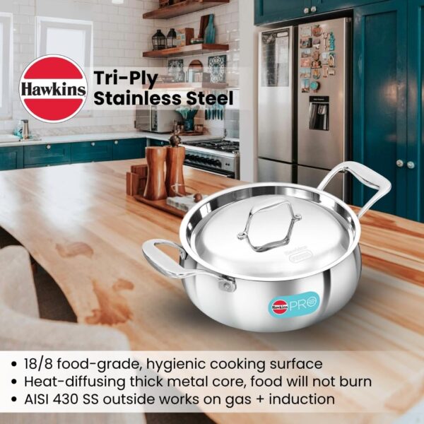 Hawkins 3L Pro Triply Stainless Steel Handi with Steel Handles and Steel Lid, Silver (PSH30S)