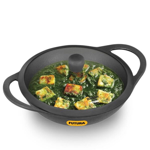 Hawkins Futura 3.5 Litre Cast Iron Kadhai, Naturally Nonstick Cast Hawkins Futura 3.5 Litre Cast Iron Kadhai, Naturally Nonstick Cast Iron Kadai with Glass Lid, Cast Iron Cookware for Kitchen, Black (CIK35G)