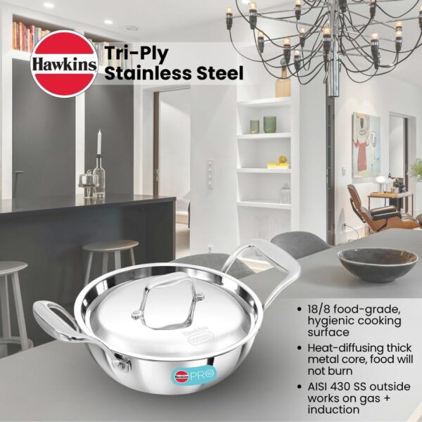 Hawkins Pro 1.5 Litre Deep-Fry Pan, Triply Stainless Steel Kadhai with Steel Handles and Steel Lid, Small Kadhai, Silver (PSK15S)