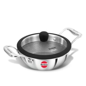 Hawkins Pro 1.5 Litre Shielded Nonstick Triply Deep-Fry Pan, Kadhai with Stainless Steel Handles and Glass Lid, Silver (PSNK15G), 18 cm|Induction and Gas Stove Compatible