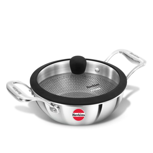 Hawkins Pro 1.5 Litre Shielded Nonstick Triply Deep-Fry Pan, Kadhai Hawkins Pro 1.5 Litre Shielded Nonstick Triply Deep-Fry Pan, Kadhai with Stainless Steel Handles and Glass Lid, Silver (PSNK15G), 18 cm|Induction and Gas Stove Compatible