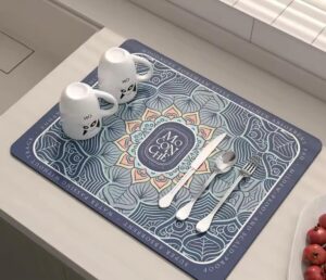 HomeCloud Dish Drying Mat for Kitchen Counter – Super Absorbent, Non-Slip & Heat-Resistant – Quick Dry Rack Pad for Dishes, Utensils, Coffee Maker – Stain-Hiding Design (Blue)