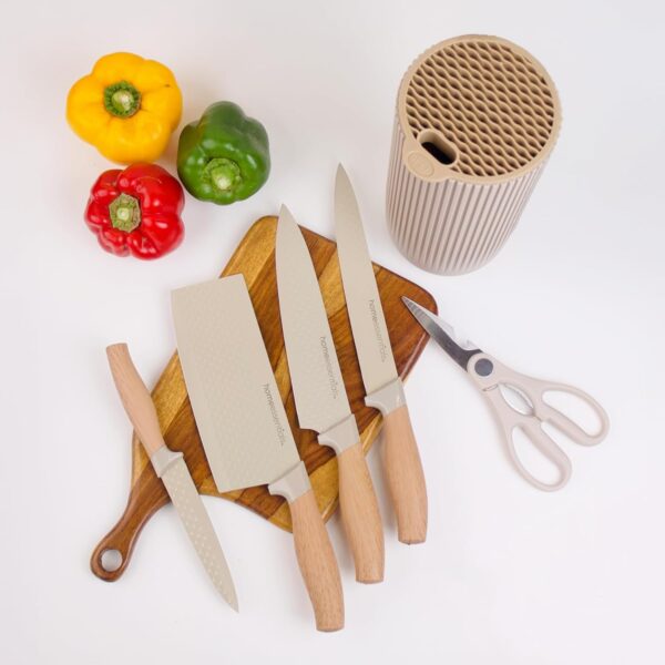 HomeEssentials 6 Piece Knife Set with Block | Razor-Sharp | HomeEssentials 6 Piece Knife Set with Block | Razor-Sharp | German Engineered Knife Set | Lightweight and Strong | Chef, Kitchen, Veg, Bread, Tomato Knife | Dishwasher Safe
