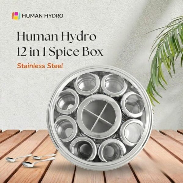 Human Hydro 12-in-1 Stainless Steel Masala Dabba | Spice Box with Partitioned Middle Container & 3 Spoons | See-Through Lid | Masala Container for Kitchen (22 cm, Silver)