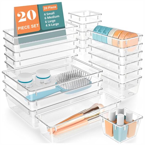 JD FRESH Polypropylene Set of 20 Drawer Organiser/Unbreakable Drawer Organizers/Dressing JD FRESH Polypropylene Set of 20 Drawer Organiser/Unbreakable Drawer Organizers/Dressing Table Organizer/Multi-Purpose Storage Boxes/Drawer Divider Tray for Kitchen/Bedroom/Office - (Transparent)