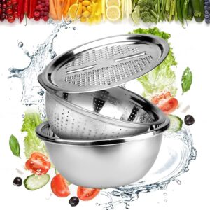 KRESHU 3IN1 Stainless Steel Basin Set with Colander Grater Lid KRESHU 3IN1 Stainless Steel Basin Set with Colander Grater Lid 3-Piece Multi-Function Mixing Bowl for Washing, Stainless Steel Basin Set (26 * 26 * 10CM)