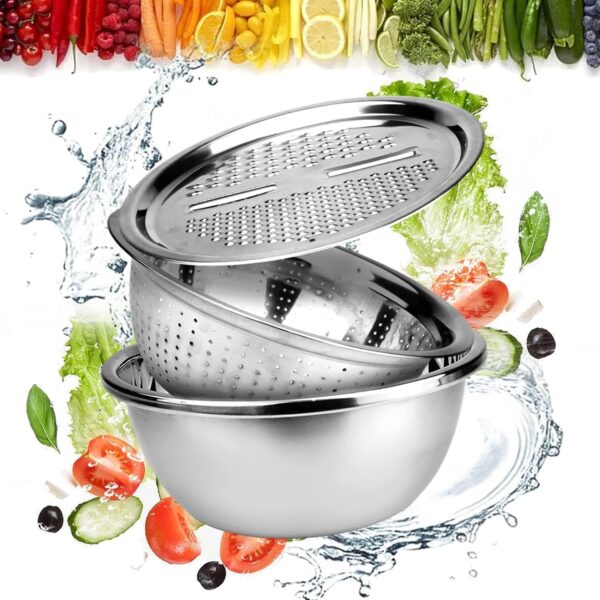 KRESHU 3IN1 Stainless Steel Basin Set with Colander Grater Lid KRESHU 3IN1 Stainless Steel Basin Set with Colander Grater Lid 3-Piece Multi-Function Mixing Bowl for Washing, Stainless Steel Basin Set (26 * 26 * 10CM)
