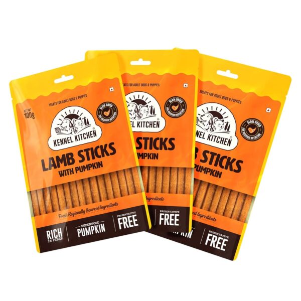 Kennel Kitchen Soft Baked Lamb with Pumpkin Sticks Treats for Dogs, 100g (Pack of 3) | Soft Dog Chew Sticks | Dog Treats for Adult Dogs and Puppies