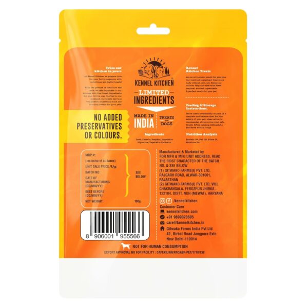 Kennel Kitchen Soft Baked Lamb with Pumpkin Sticks Treats for Dogs, 100g (Pack of 3) | Soft Dog Chew Sticks | Dog Treats for Adult Dogs and Puppies