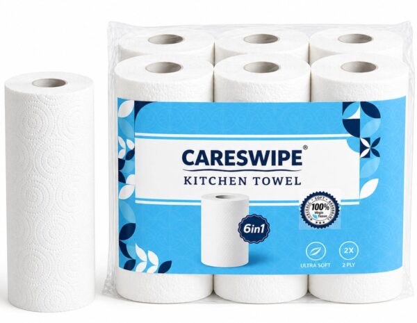 Kitchen Tissue Paper Roll – 2 Ply Tissue Paper Roll, 360 Pulls, 6 Rolls x 60 Sheets, Soft & Absorbent Virgin Cellulose Towels for Kitchen Cleaning