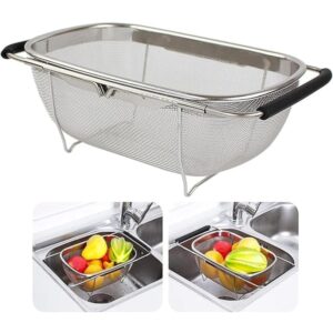 Kreshu Stainless Steel Oval Fine Mesh Colander Strainer with Rubber Kreshu Stainless Steel Oval Fine Mesh Colander Strainer with Rubber Rubber Grip Handle| Multi-Functional Large Over The Sink Basket Expandable Drainer for Rinse Vegetables Fruits (Pack of 1)