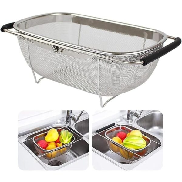 Kreshu Stainless Steel Oval Fine Mesh Colander Strainer with Rubber Kreshu Stainless Steel Oval Fine Mesh Colander Strainer with Rubber Rubber Grip Handle| Multi-Functional Large Over The Sink Basket Expandable Drainer for Rinse Vegetables Fruits (Pack of 1)