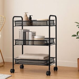 LUXE HOME INTERNATIONAL 3-Tier Revolving Kitchen Trolley with Wheels | LUXE HOME INTERNATIONAL 3-Tier Revolving Kitchen Trolley with Wheels | Vegetable Metal Trolley Rack | Multipurpose Metal Storage Organizer | Square Design, 360° Rotating Utility Cart (Black 45x27x64)