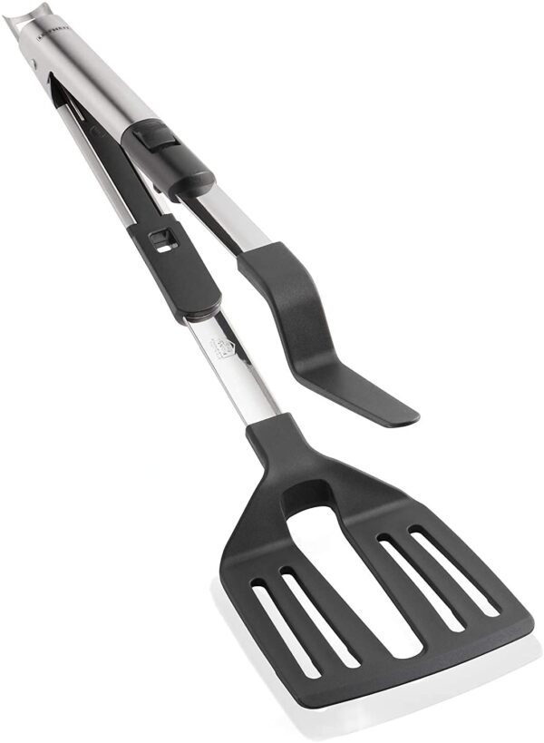 Leifheit 2-in-1 Kitchen Tongs and Spatula,Barbecue Grill BBQ Tongs,Cooking Tool,Frying Turner,Double Sided Spatula,Multi-Functional Food Flipping Clip,Steak Tong,Food Clamp- Nylon Black