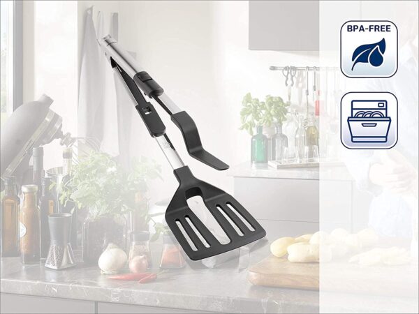 Leifheit 2-in-1 Kitchen Tongs and Spatula,Barbecue Grill BBQ Tongs,Cooking Tool,Frying Turner,Double Sided Spatula,Multi-Functional Food Flipping Clip,Steak Tong,Food Clamp- Nylon Black