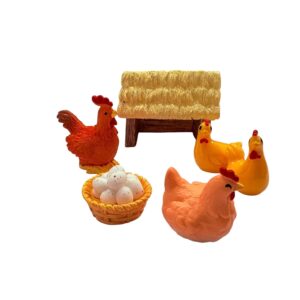 Miniature Farm Set, Resin Rooster Hen Figurines with Coop and Nest, 6 Piece Fairy Garden Terrarium Accessories for DIY Craft Projects