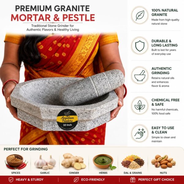 Mortar Pestle for Kitchen kalvam-5 kg Heavy, 10 inch Block Shape, 3 Cup Capacity - Kalvam/Khalbatta/Silbatta for Chutney