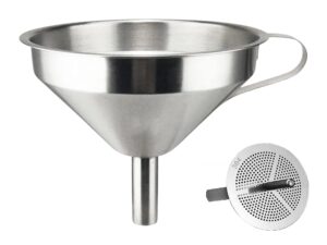 Multipurpose Stainless Steel Funnel with Removable Strainer – 11CM Wide Multipurpose Stainless Steel Funnel with Removable Strainer – 11CM Wide Mouth Kitchen Funnel for Bottling Oil, Juice, Powder, and More – Durable Metal Funnel for Home Use