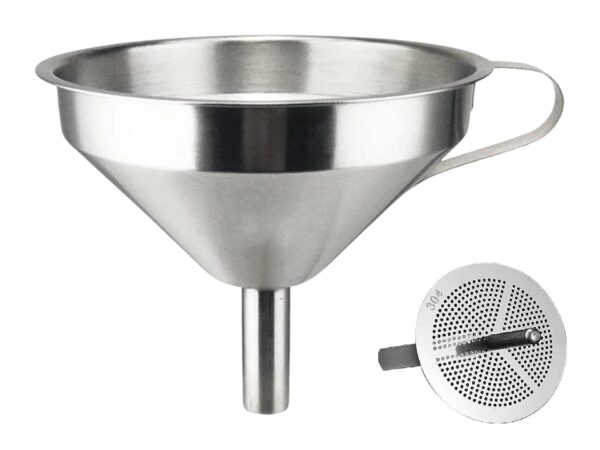 Multipurpose Stainless Steel Funnel with Removable Strainer – 11CM Wide Mouth Kitchen Funnel for Bottling Oil, Juice, Powder, and More – Durable Metal Funnel for Home Use