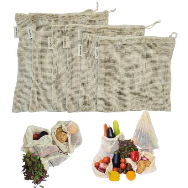 NECAVU 100% Cotton Set of 6 Fridge Drawstring Bags | NECAVU 100% Cotton Set of 6 Fridge Drawstring Bags | Eco-Friendly Natural Vegetables Storage Mesh Net for Fridge | Multi-Purpose Cotton Mesh Bag (Natural)