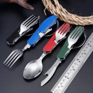 NIGAM 4 in 1 Camping Kitchen Utensil Set Outdoor Travel Stainless Steel Multi Tool Fork Spoon Knife Bottle Opener